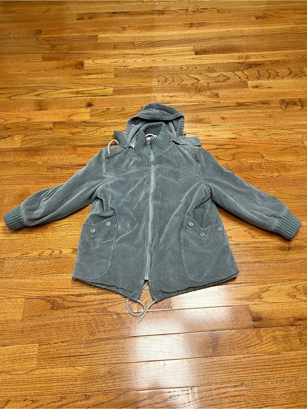 Hooded Zip-Front corduroy Jacket in Slate Gray with faux fur lining